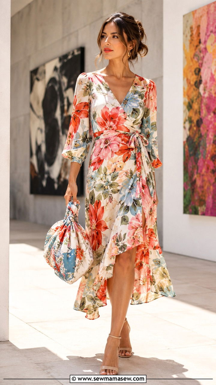 Printed Wrap Dress With Printed Scarf Bag - 30 Spring outfits with bags