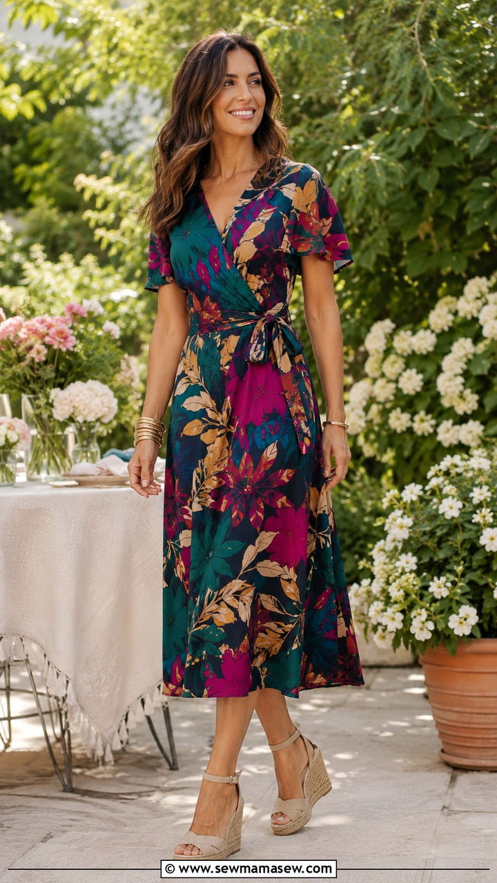 Printed Wrap Dress With Wedge Heels - 30 Trendy outfits for women over 40