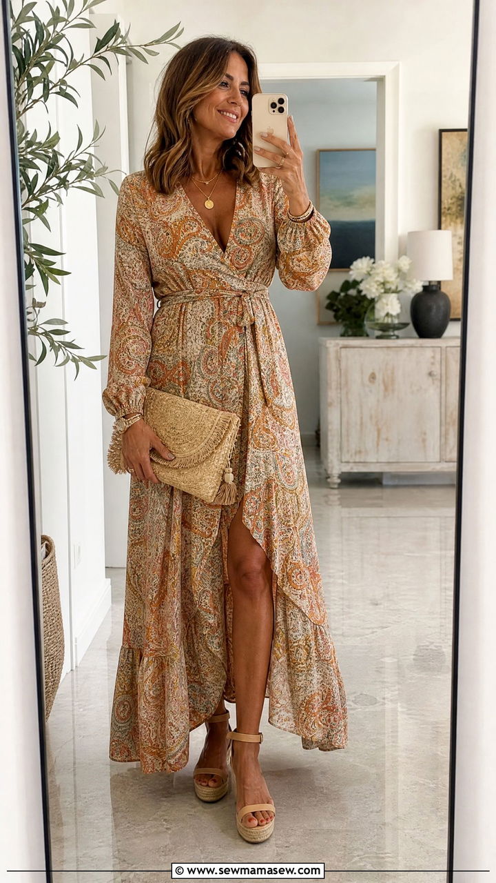 Printed Wrap Maxi Dress and Wedge Espadrilles - 30 boho chic outfit ideas for women over 40