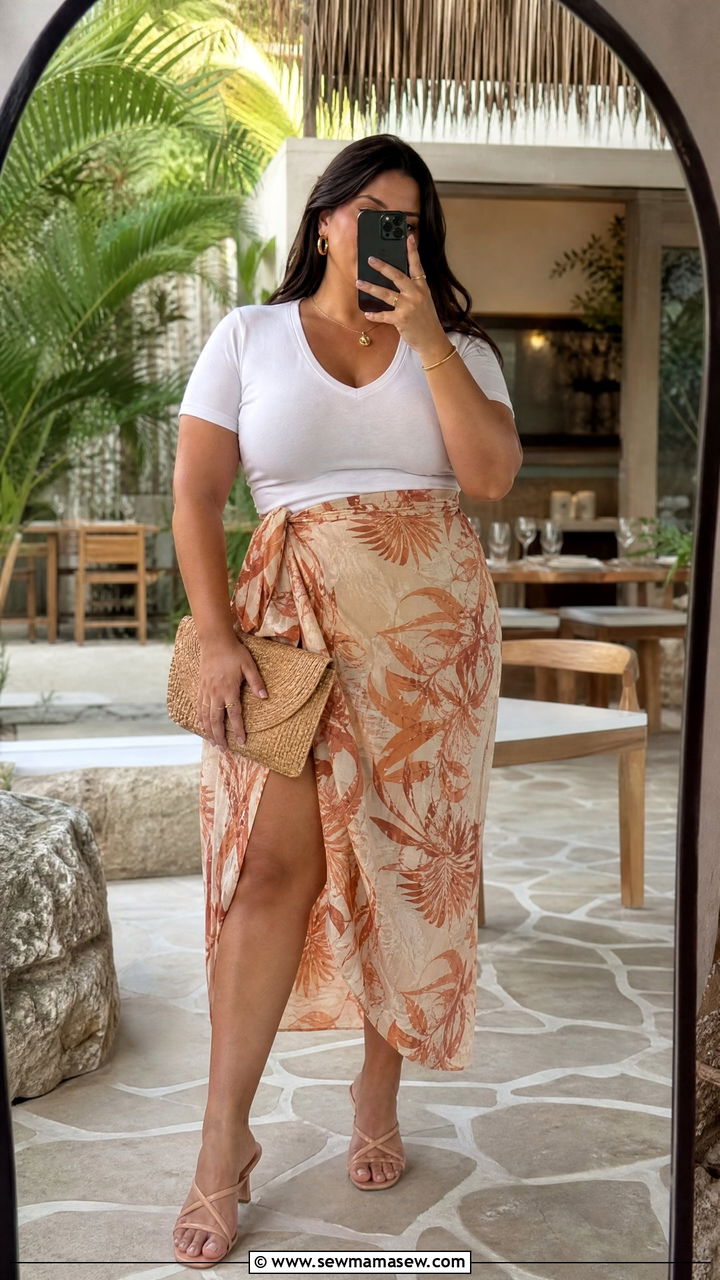 Printed Wrap Skirt and Fitted Tee Outfit - 30 Summer outfits for curvy women