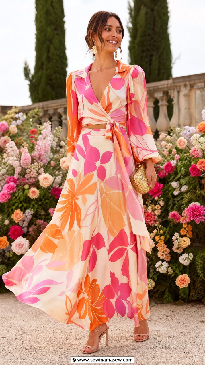 Printed Wrap Top and Maxi Skirt Set - 30 Matching set outfit ideas spring