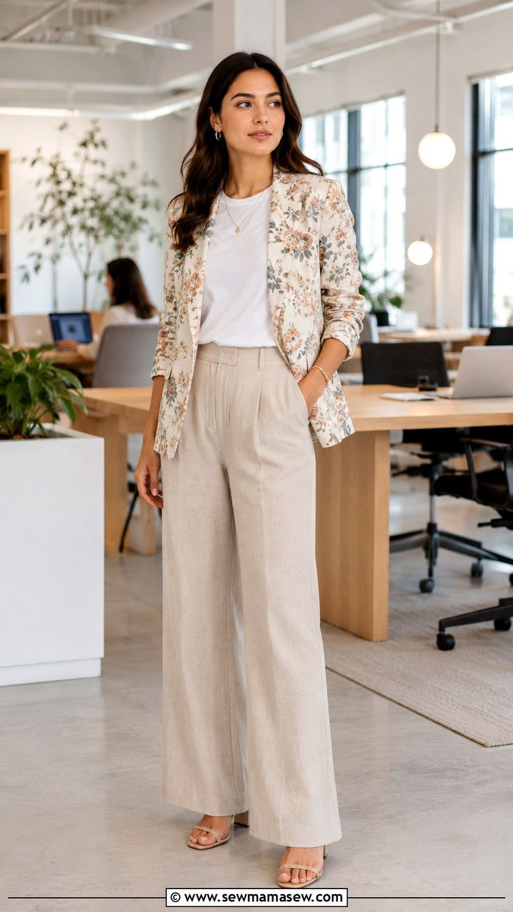 Printed blazer with solid linen pants look - 25 Wide leg linen pants outfit ideas with a blazer