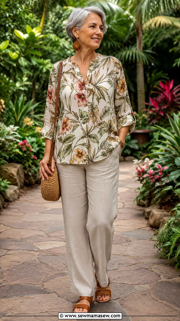 Printed blouse and neutral linen trousers outfit for women over 65 - 30 Outfit ideas for women over 65