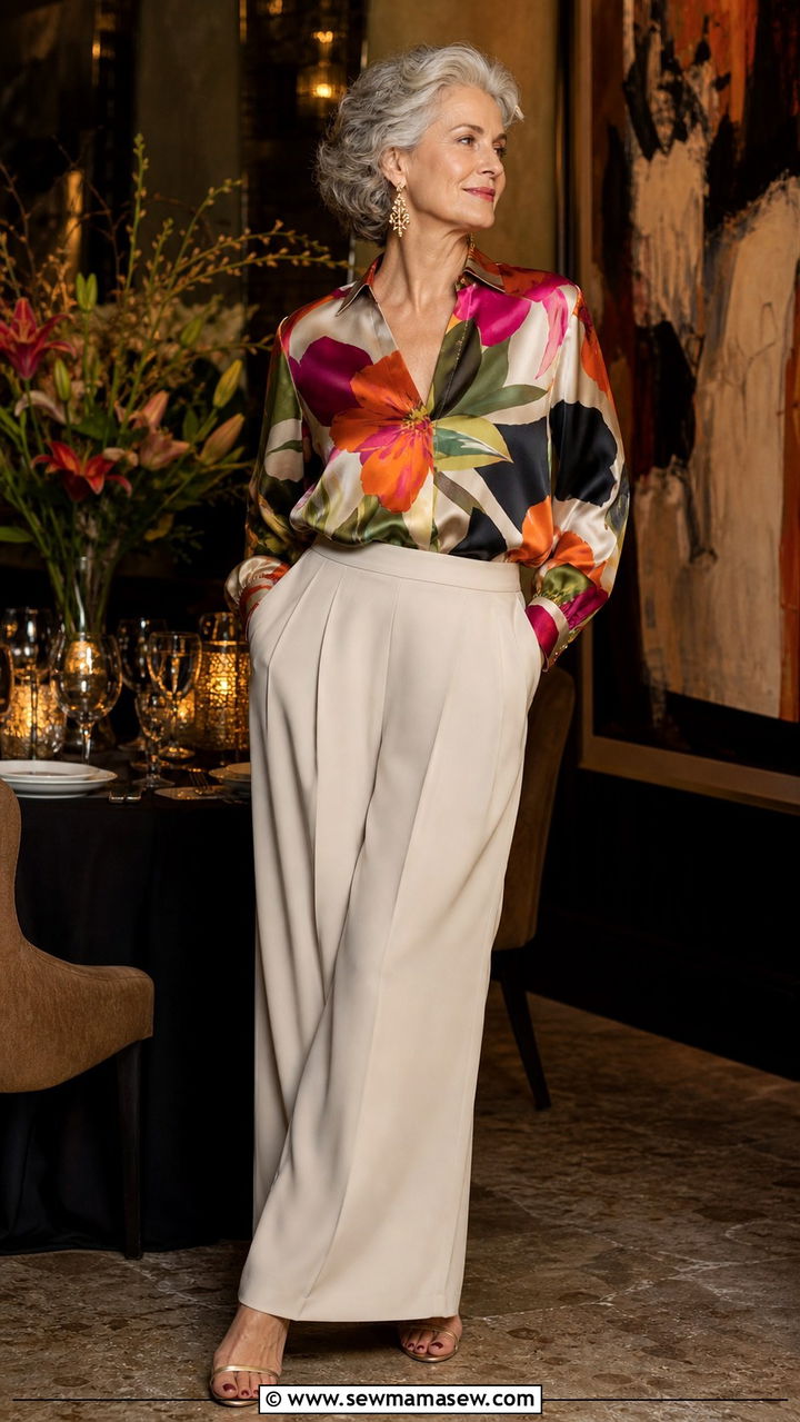 Printed blouse and palazzo pants outfit for women over 60 - 40 How to dress in your 60s