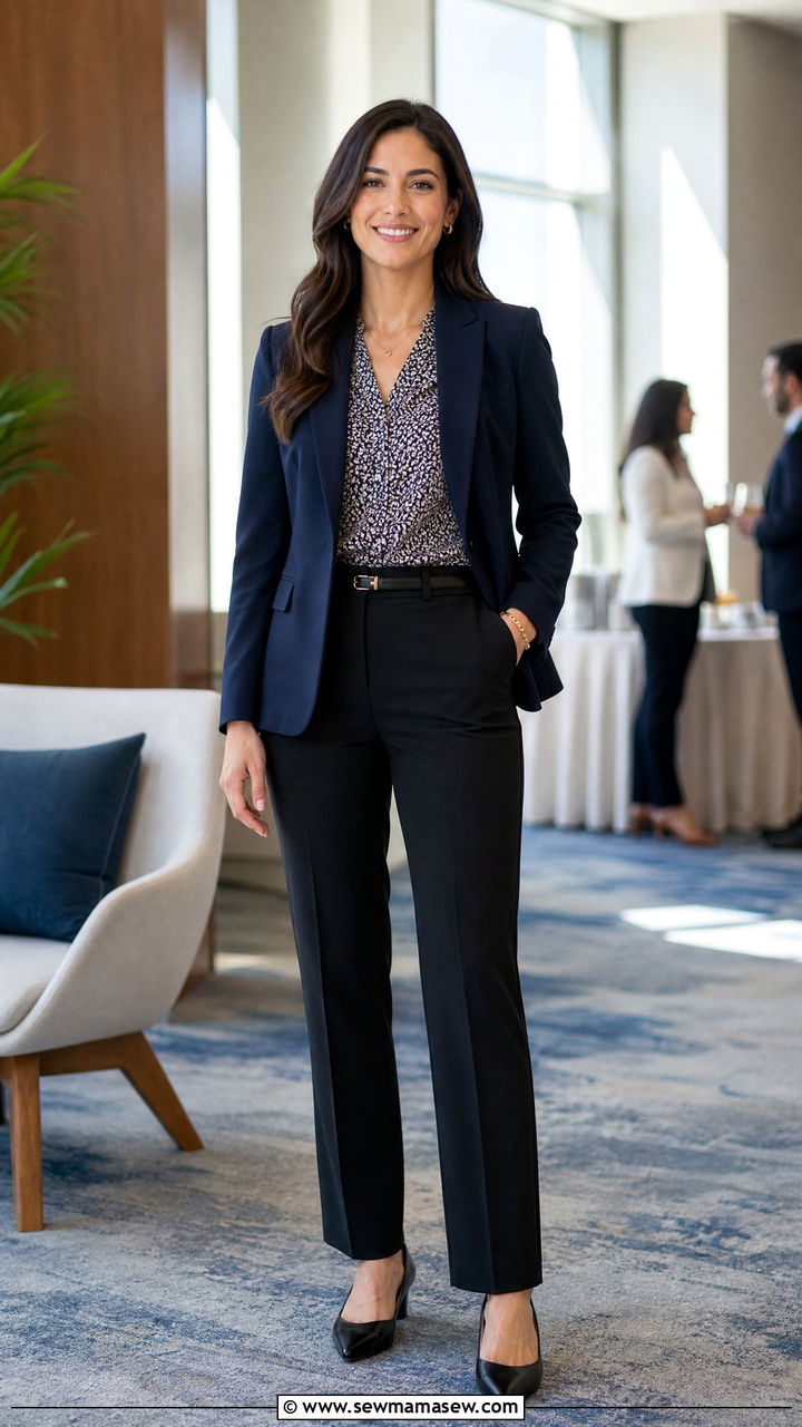 Printed blouse under solid blazer - 35 Medical conference outfit ideas