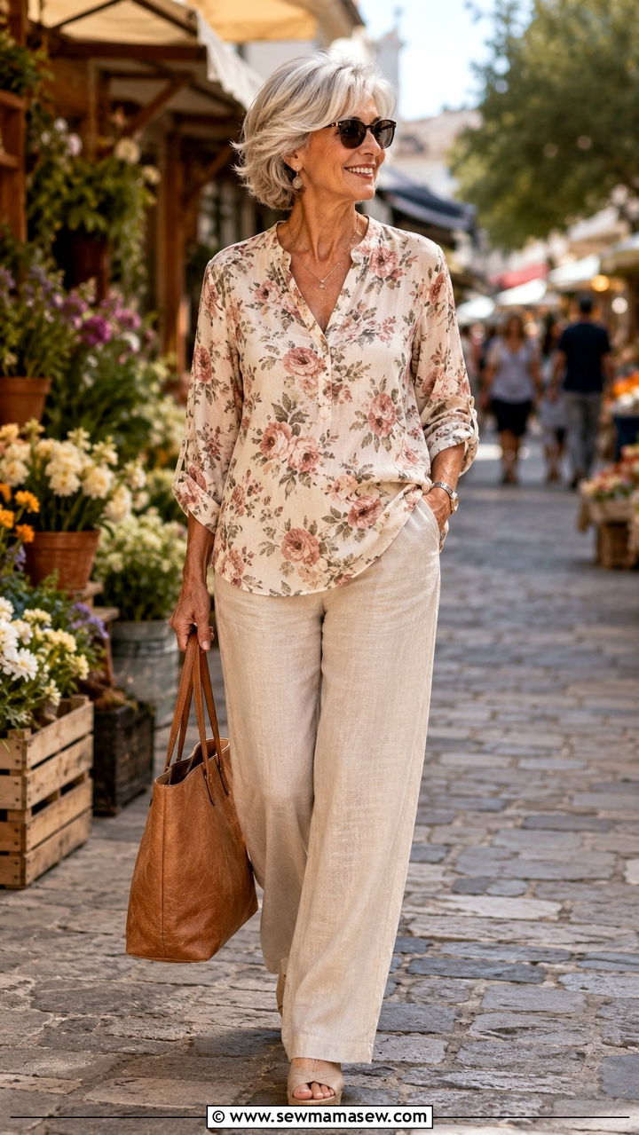 Printed blouse with beige linen trousers - 30 Outfit ideas for women over 55
