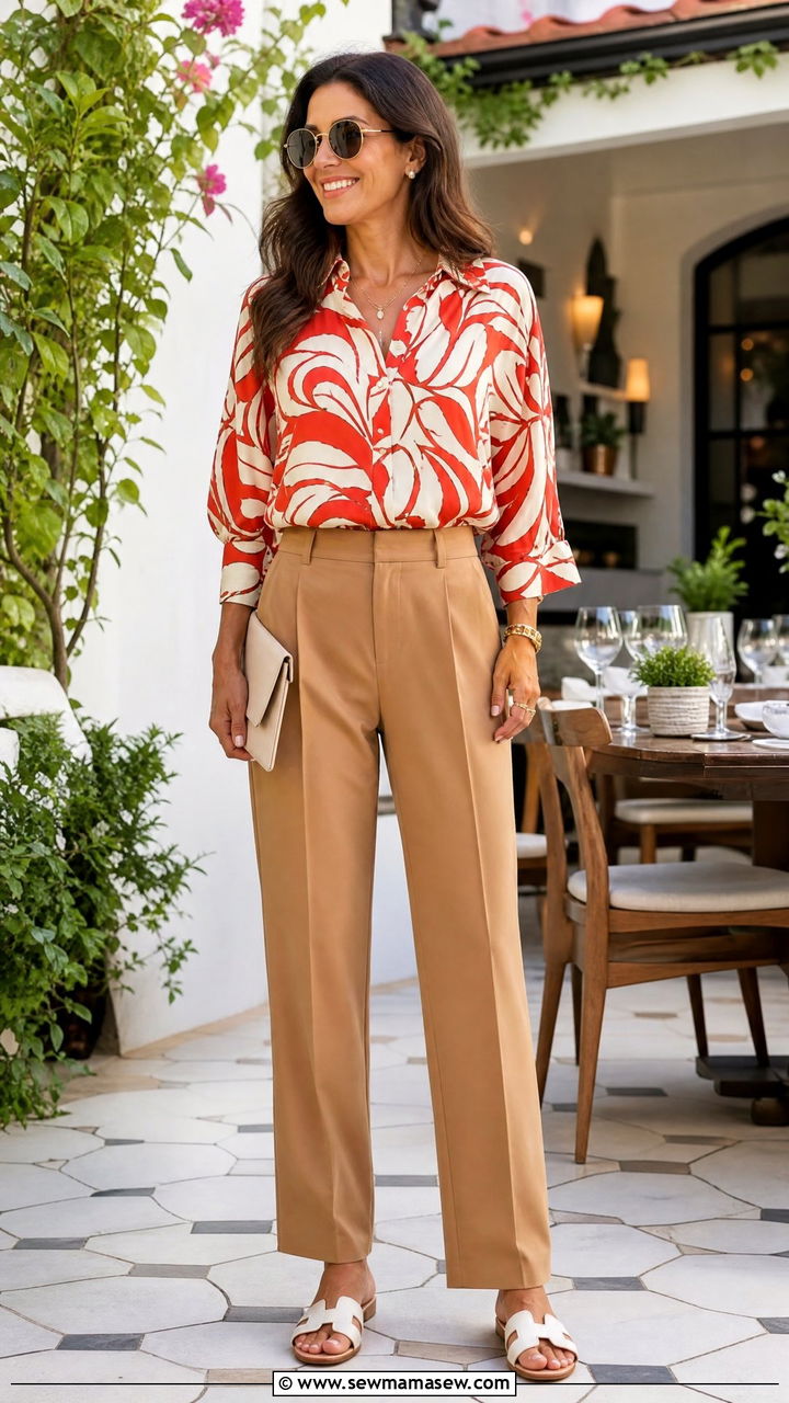 Printed blouse with neutral pants - 30 Elevated casual outfit ideas for women over 50