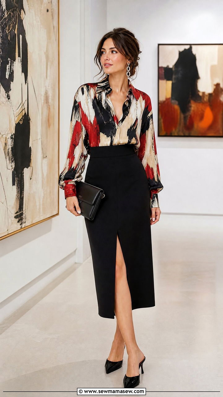 Printed blouse with solid midi skirt - 25 How to style a midi skirt over 40