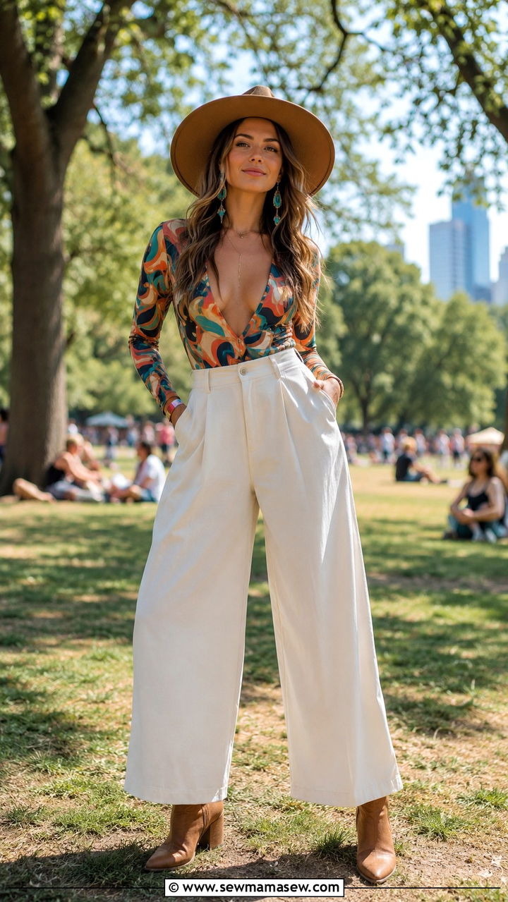 Printed bodysuit and wide leg pants - 25 Austin City Limits outfit ideas