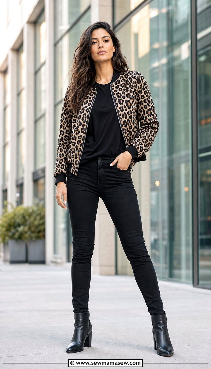 Printed bomber jacket with neutral basics - 35 Bomber jacket outfit ideas