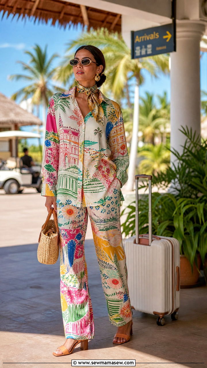 Printed co ord set with matching scarf - 30 Coord set outfit ideas for photoshoot