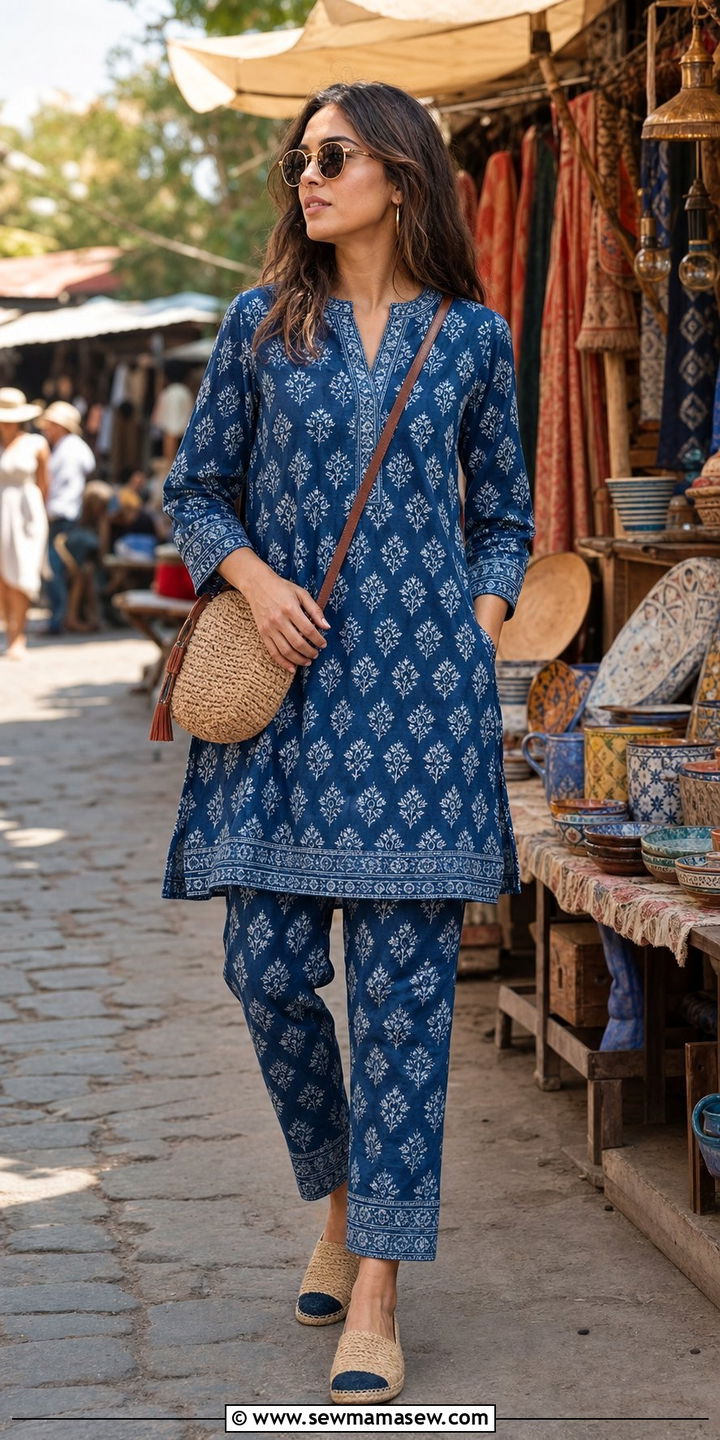 Printed cotton tunic and straight leg trouser coord set - 25 Coord set outfit ideas for travel