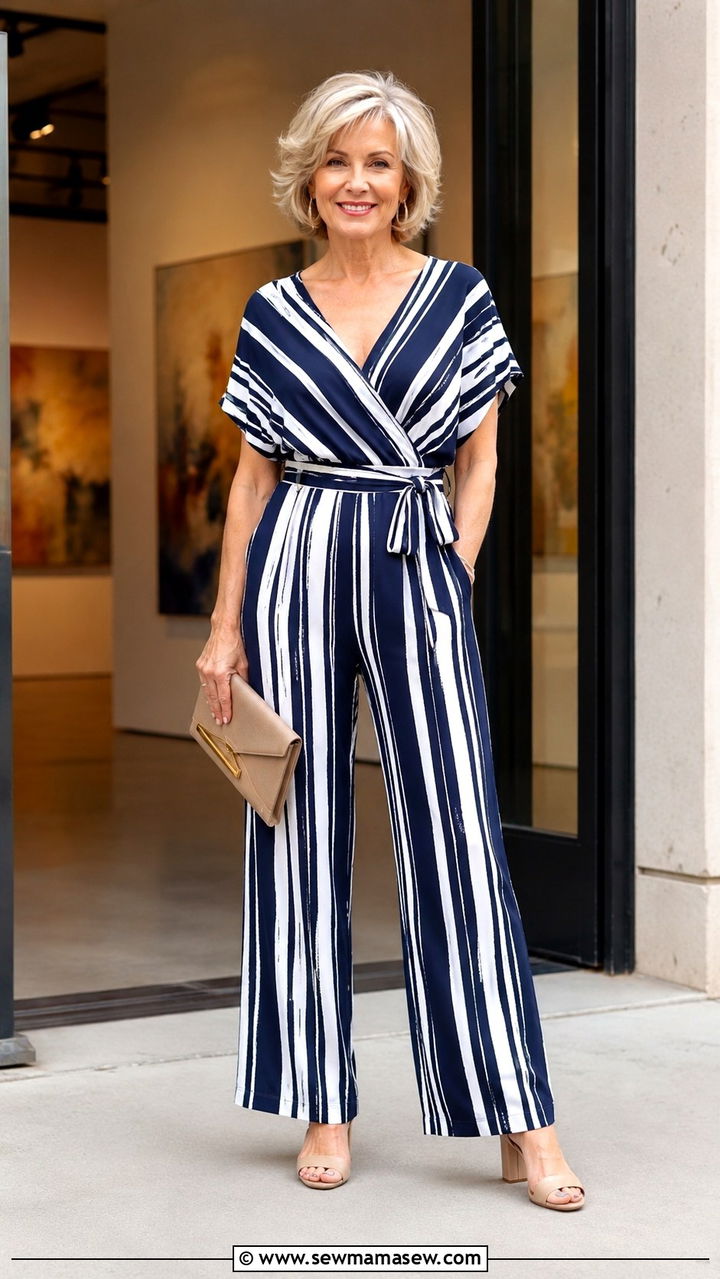 Printed jumpsuit with block heels - 30 Jumpsuit outfit ideas for women over 50