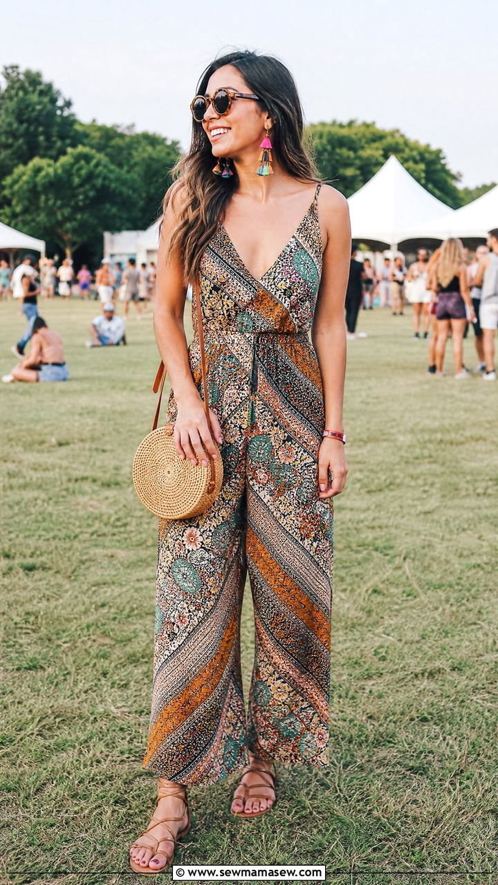 Printed jumpsuit with strappy flat sandals - 35 Lollapalooza outfit ideas