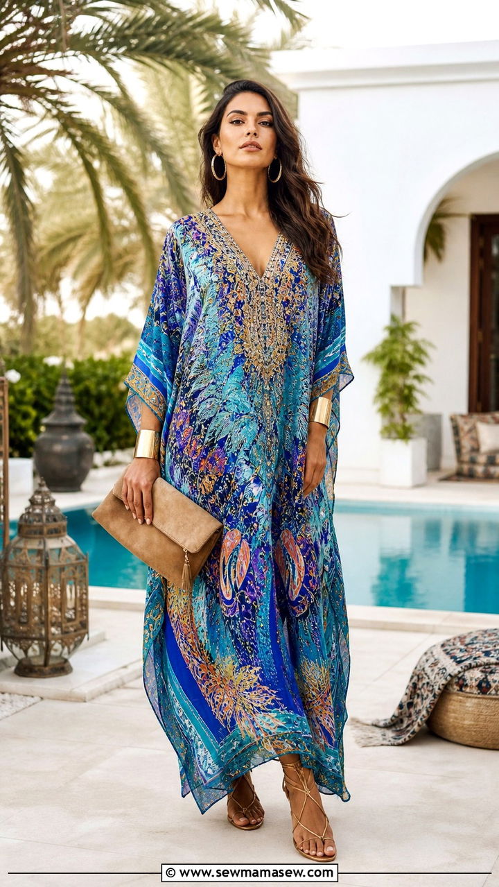 Printed kaftan dress with gladiator sandals - 40 Summer outfits with dresses
