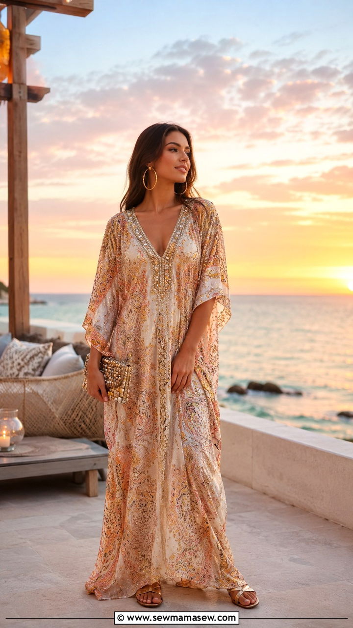 Printed kaftan with metallic flat sandals - 30 cute resort vacation outfits