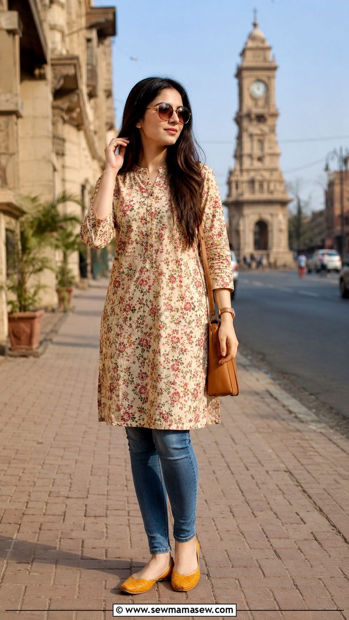 Printed kurti with skinny jeans and juttis - 30 Lahore outfit ideas