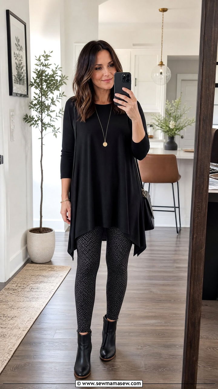 Printed leggings with solid tunic and ankle boots - 25 Spring outfits with leggings