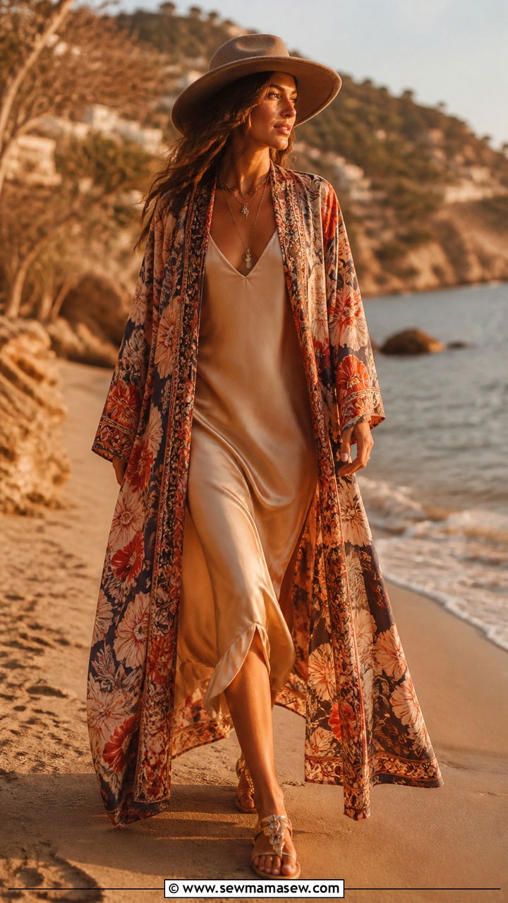 Printed long kimono jacket layered over a slip dress and sandals Ibiza - 40 What to wear in Ibiza