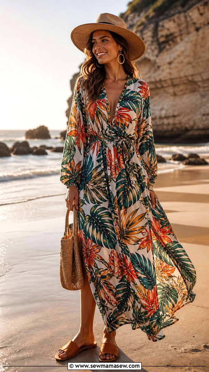 Printed maxi dress with a wide brim hat and slides - 40 What to wear in Sydney