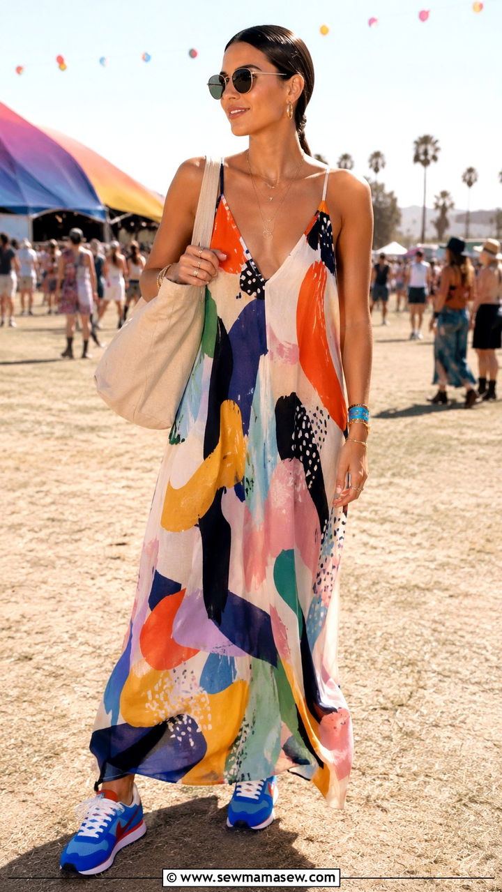Printed maxi dress with colorful sneakers - 30 Maxi dress with sneakers outfit ideas