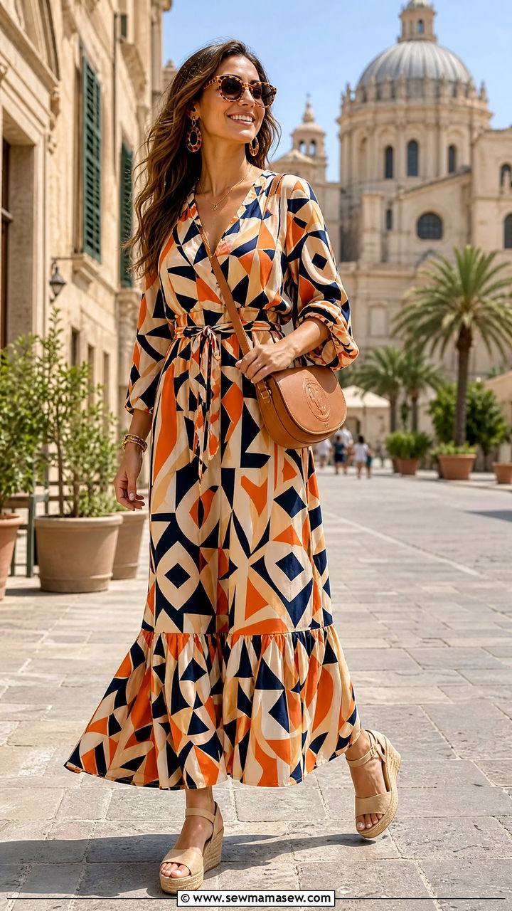 Printed maxi dress with neutral accessories and wedges - 35 How to style a maxi dress
