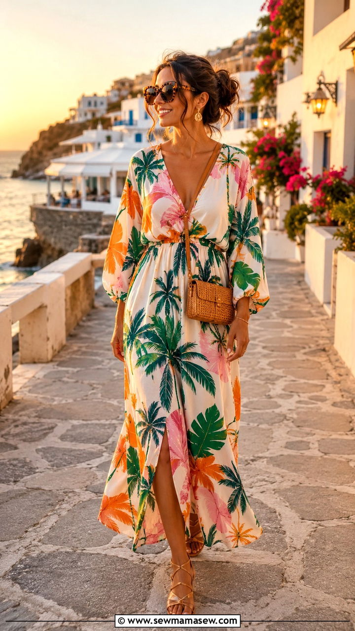 Printed maxi dress with strappy sandals - 30 cute resort vacation outfits