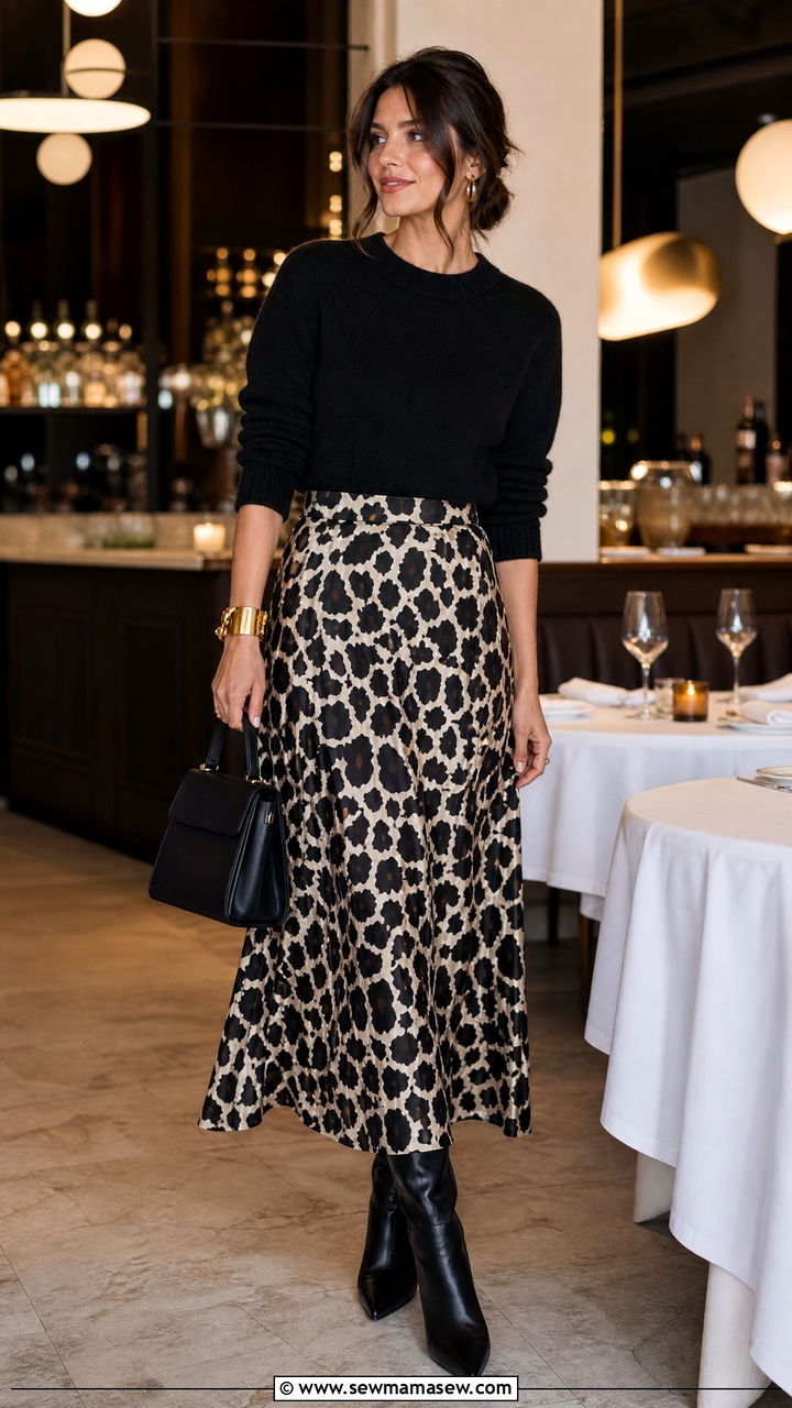 Printed maxi skirt with solid sweater - 25 chic maxi skirt outfit ideas