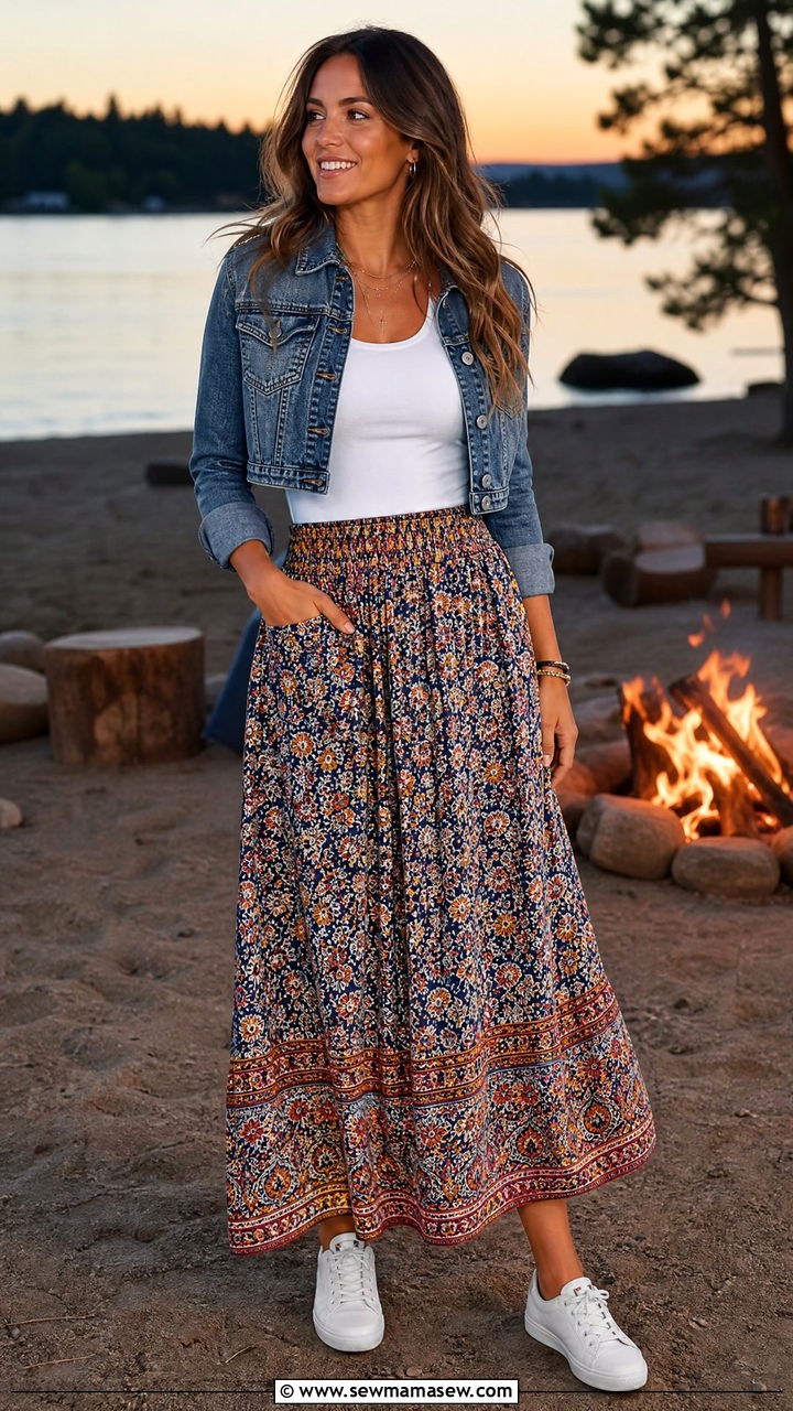 Printed maxi skirt with solid tee and denim jacket - 30 Summer outfits with maxi skirts