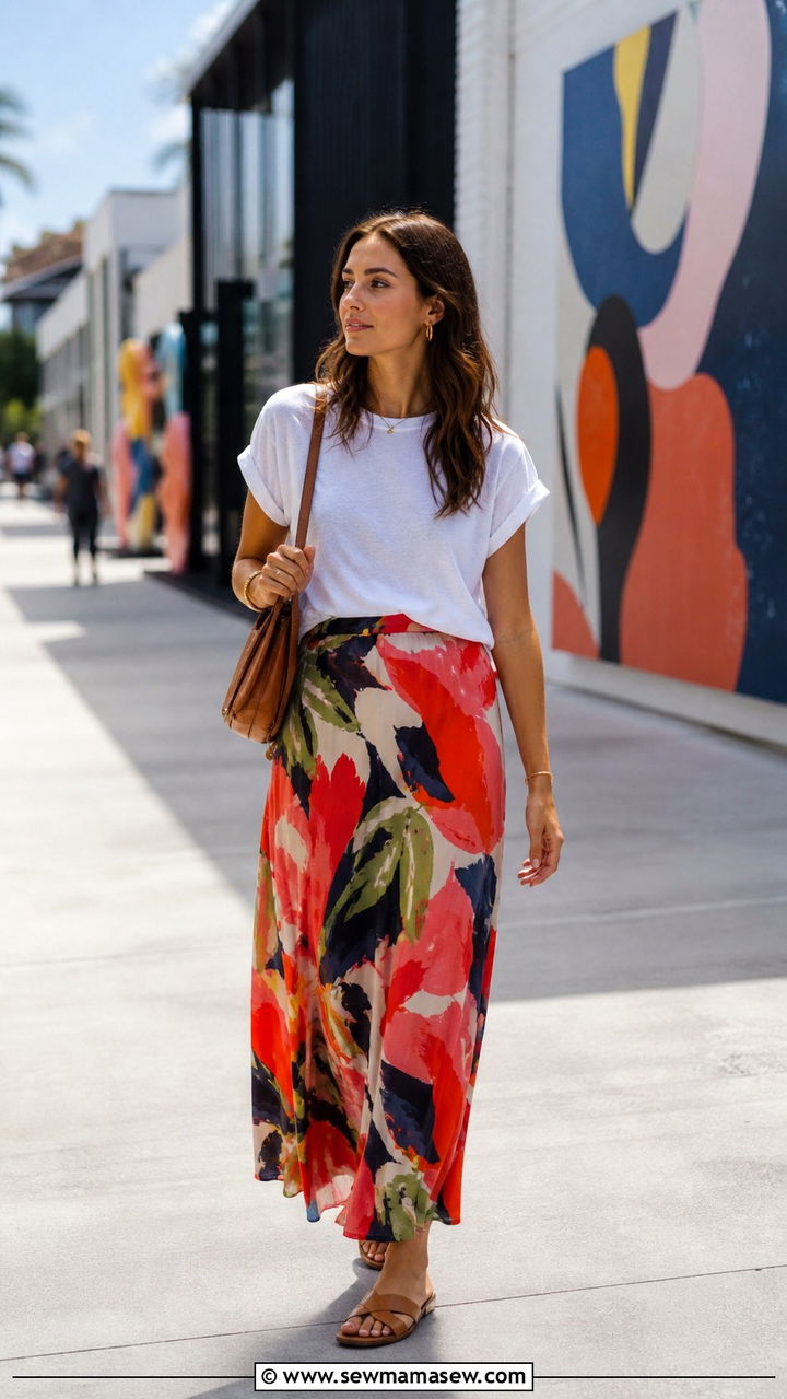 Printed maxi skirt with white tee and leather sandals - 40 maxi skirt outfits