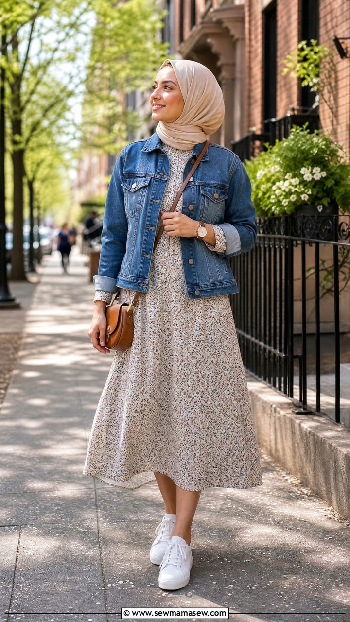 Printed midi dress and denim jacket - 30 modest brunch outfit ideas