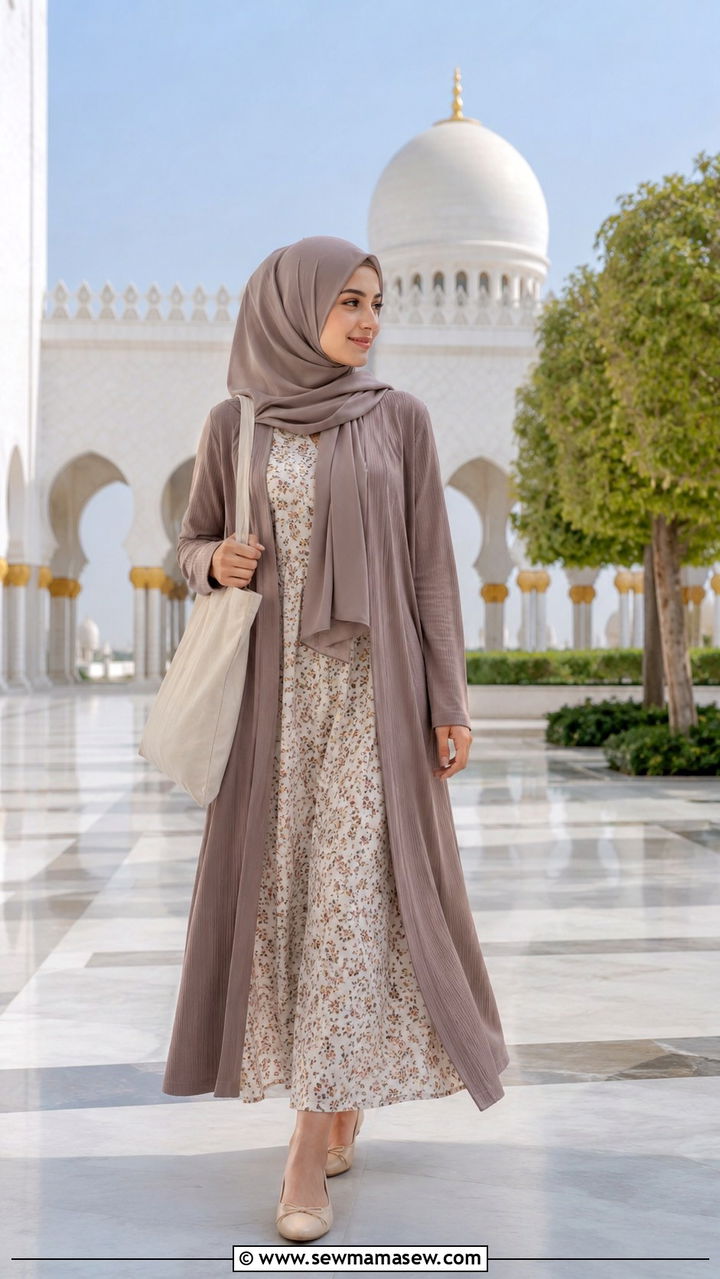 Printed midi dress layered under long cardigan - 20 Modest outfit ideas for mosque visit
