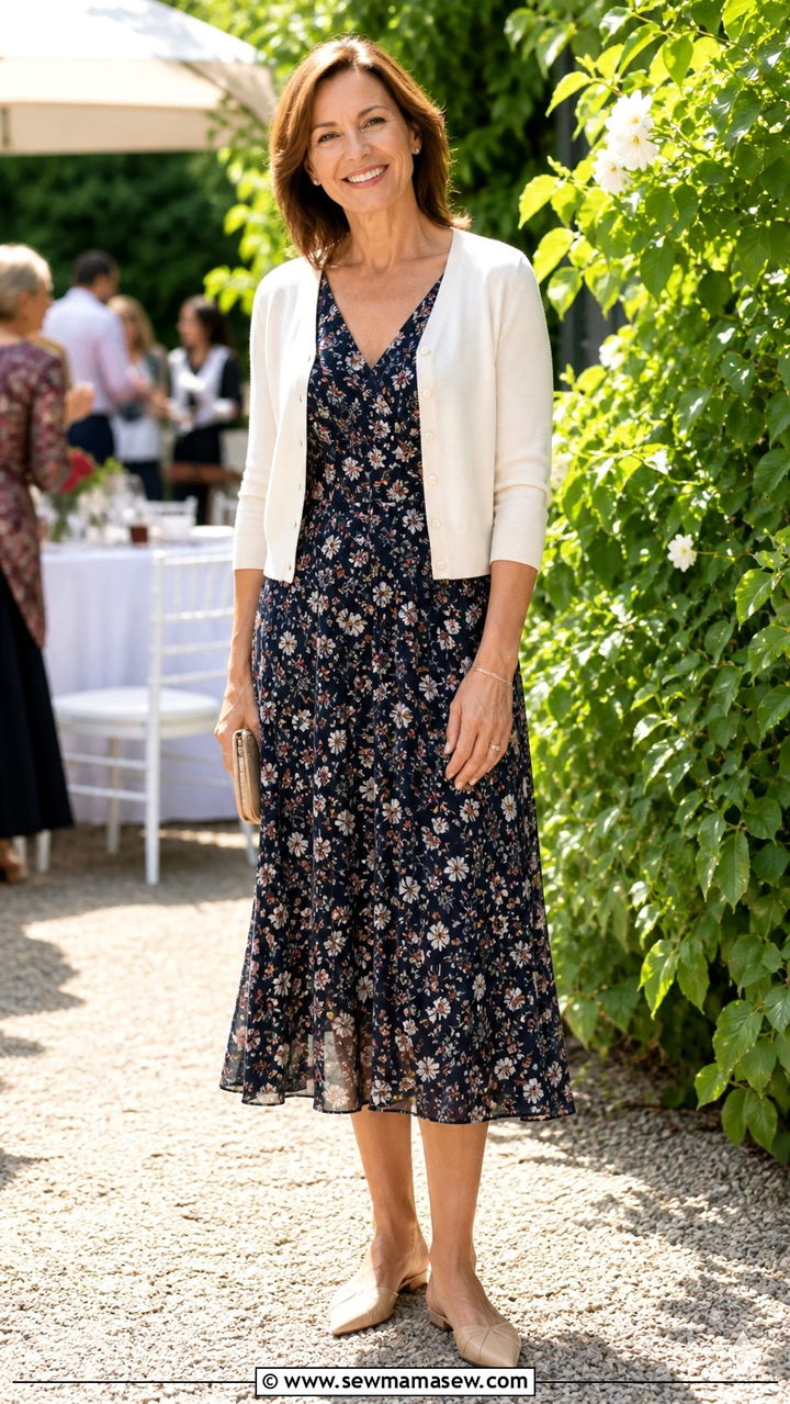 Printed midi dress with a cropped cardigan and flats - 40 Outfit ideas for women over 40