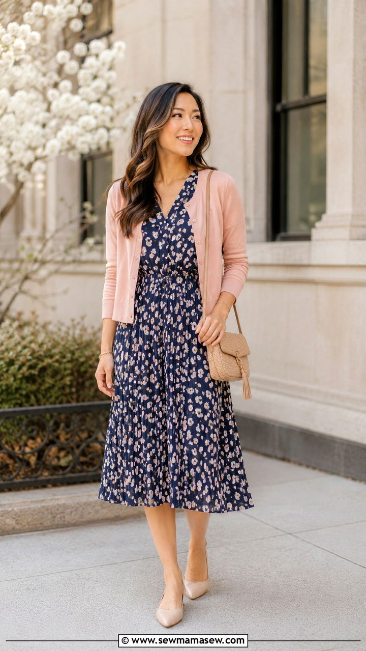 Printed midi dress with cropped cardigan - 30 business casual outfits inspo