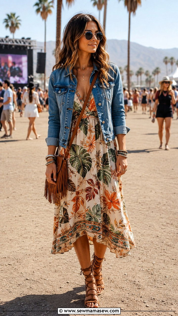 Printed midi dress with denim jacket and gladiator sandals - 30 Midi dress with denim jacket outfit ideas