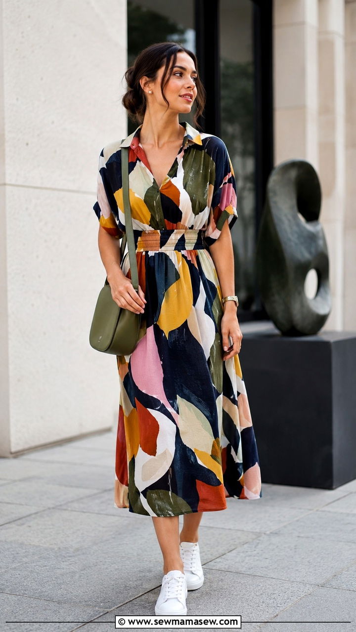 Printed midi dress with white sneakers - 30 Midi dress with white sneakers outfit ideas