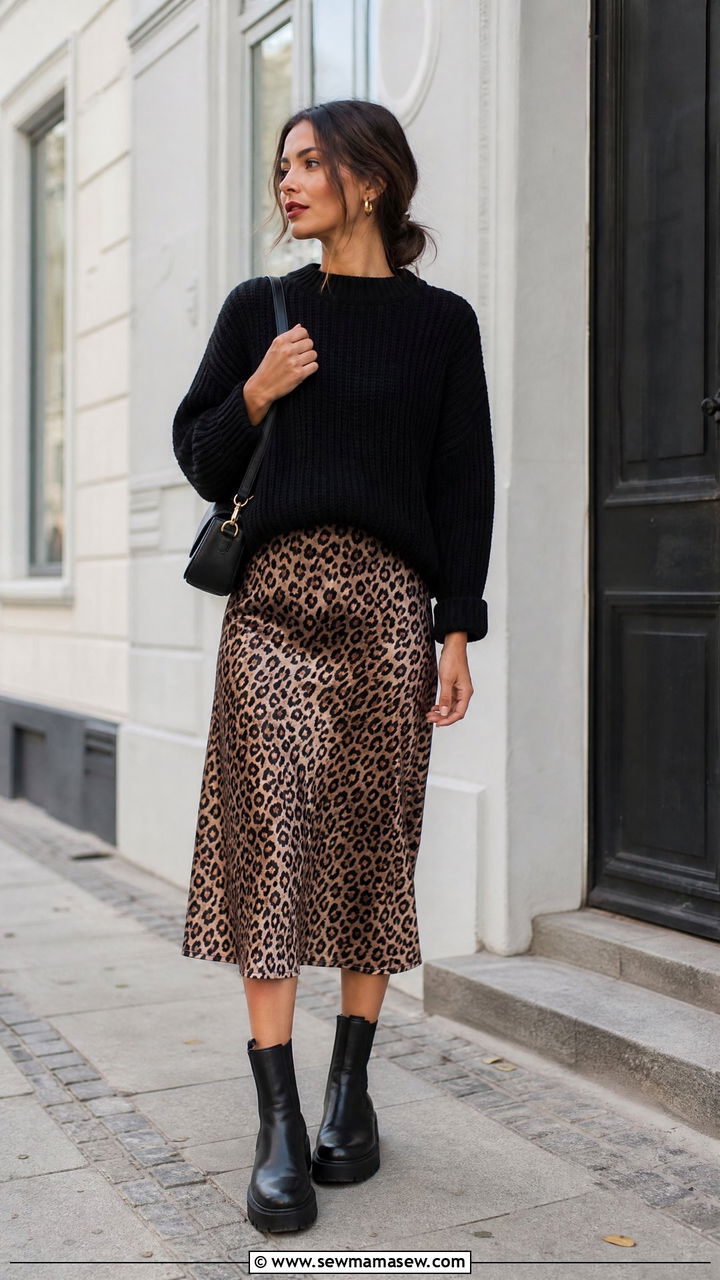 Printed midi skirt and chunky sweater Copenhagen outfit - 25 casual Copenhagen outfits