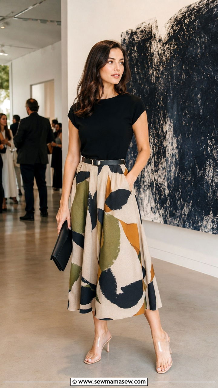 Printed midi skirt with clear strap heels - 30 Midi skirt outfit ideas with heels
