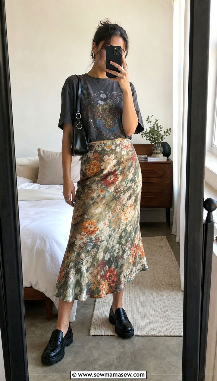Printed midi skirt with graphic t shirt outfit - 25 Copenhagen outfits to copy