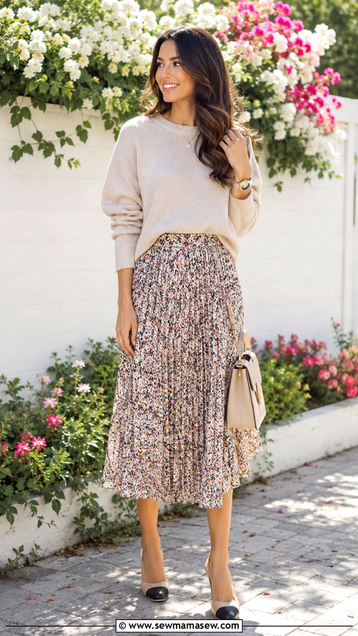 Printed midi skirt with solid cashmere sweater - 30 Real estate agent outfit ideas