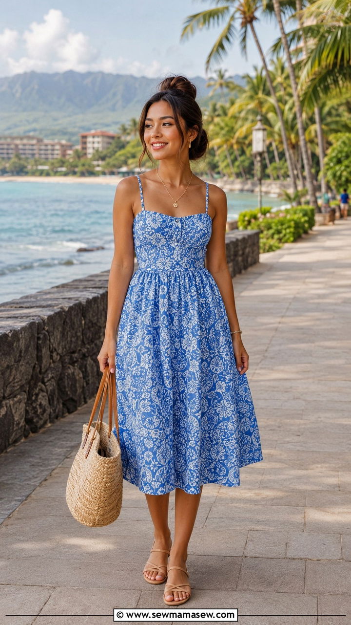 Printed midi sundress for petite vacation travel - 25 Petite travel outfit ideas