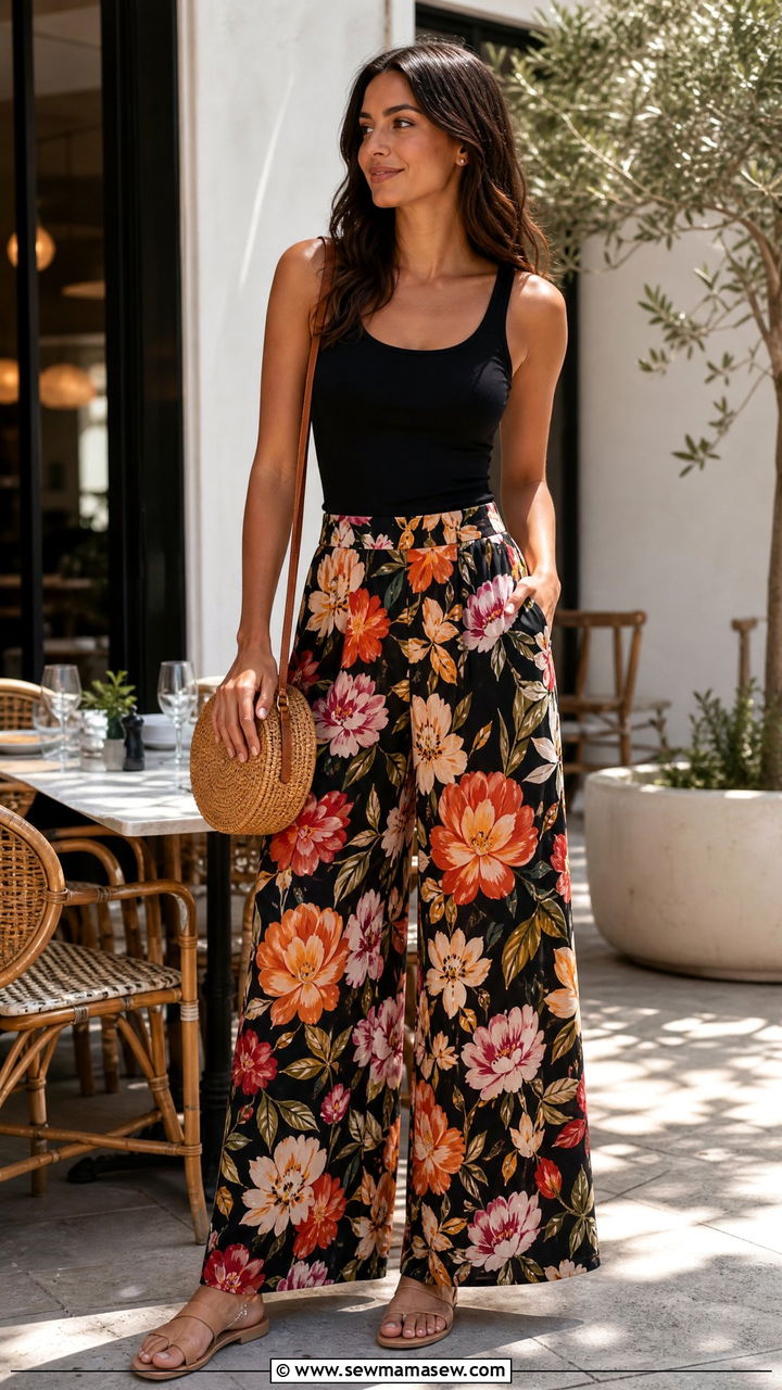 Printed palazzo pants with a solid neutral top - 25 chic palazzo pants outfit ideas