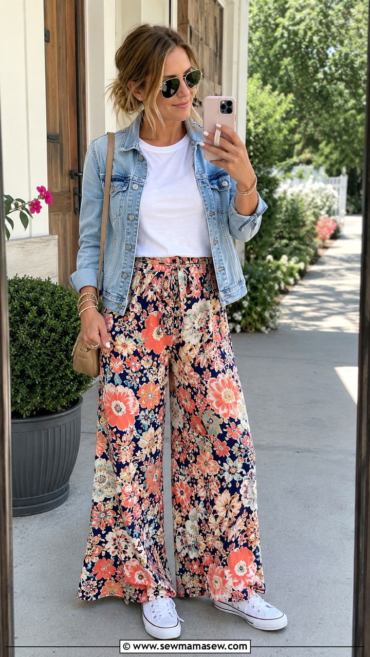 Printed palazzo pants with white tee and denim jacket - 30 casual palazzo pants outfits