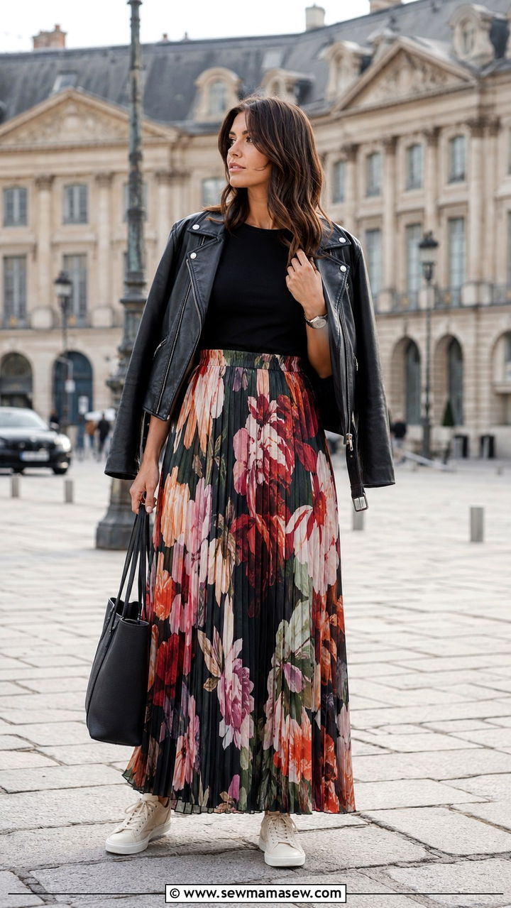 Printed pleated maxi skirt with sneakers - 30 Pleated skirt outfit ideas with sneakers