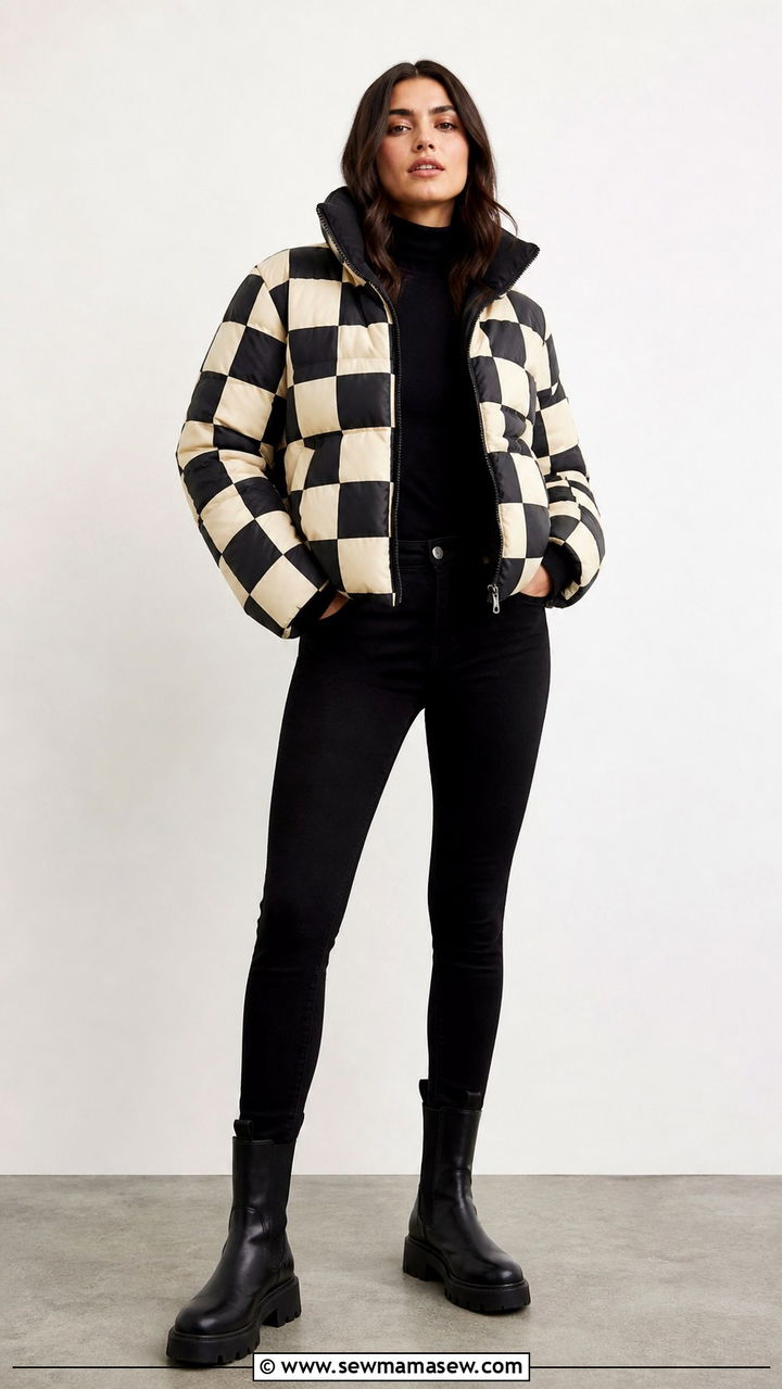 Printed puffer jacket with solid black base - 40 Puffer jacket outfit ideas