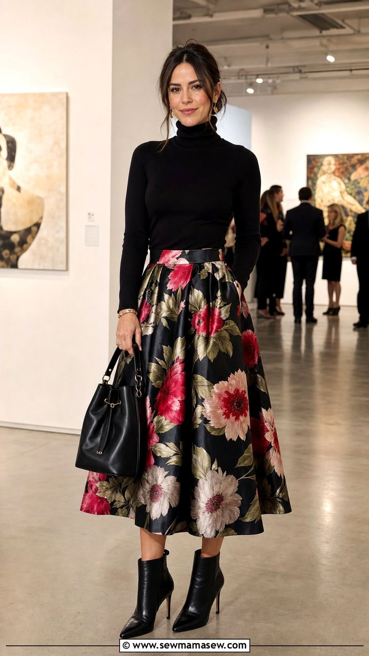 Printed satin midi skirt and a fitted turtleneck with a leather bucket bag - 35 Bucket bag outfit ideas