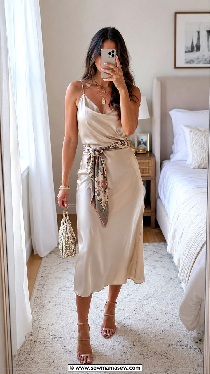 Printed scarf belt with a slip dress - 30 Scarf belt outfit ideas