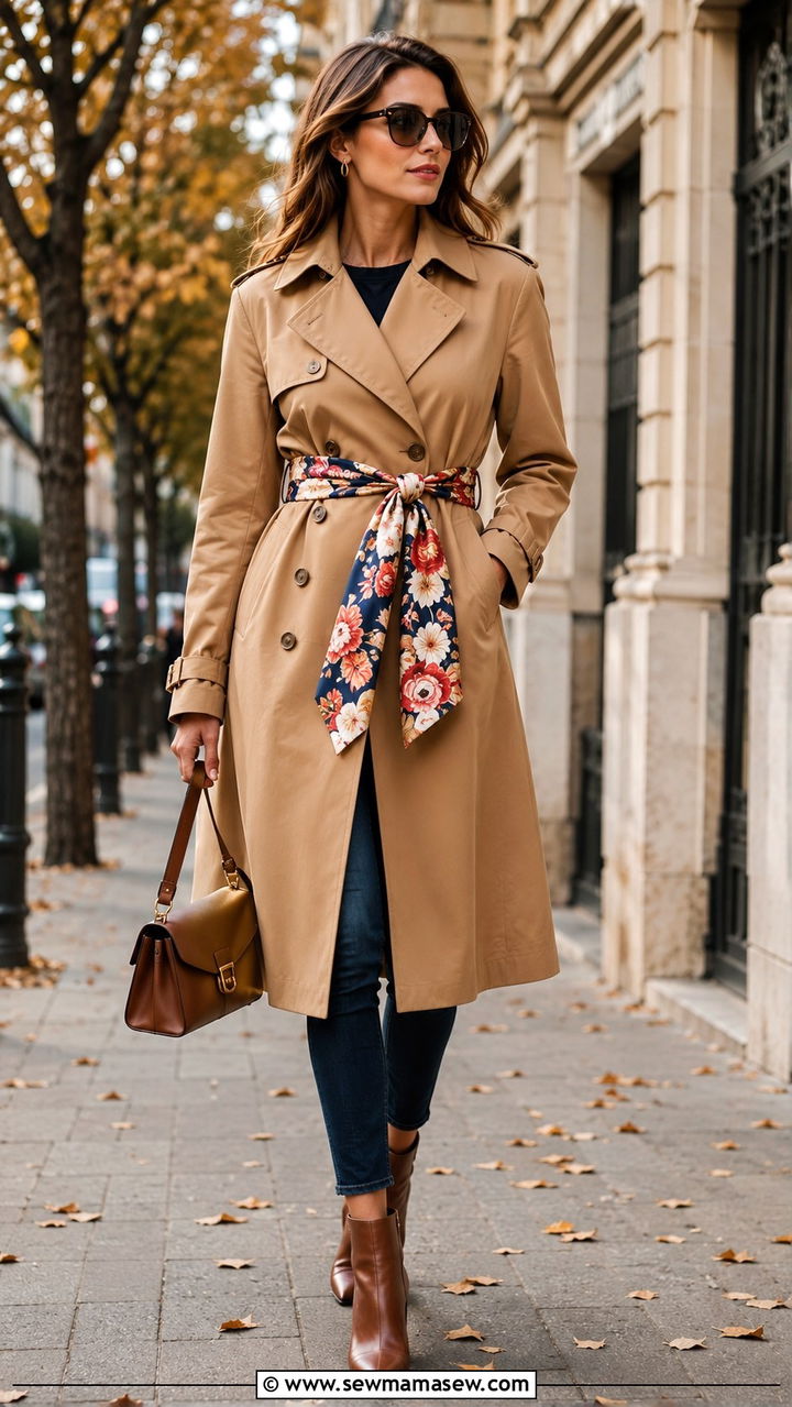 Printed scarf belt worn over a trench coat - 30 Scarf belt outfit ideas