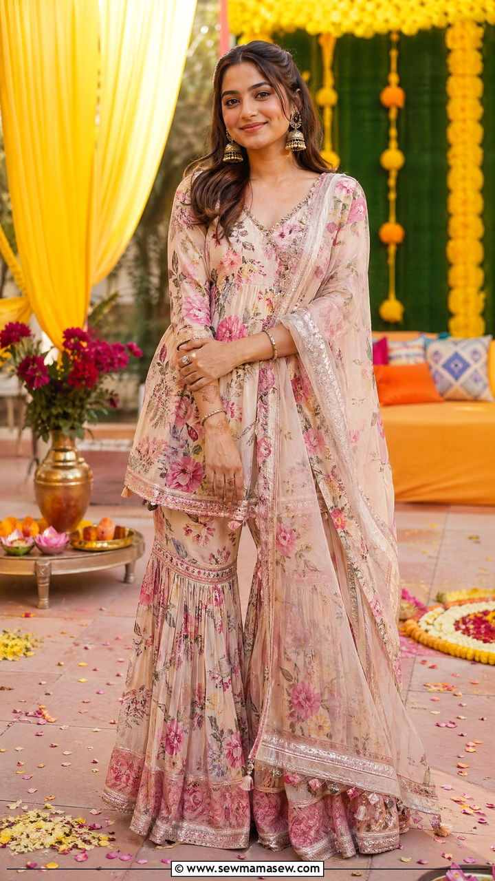 Printed sharara set with traditional jhumkas - 35 Diwali party outfit ideas