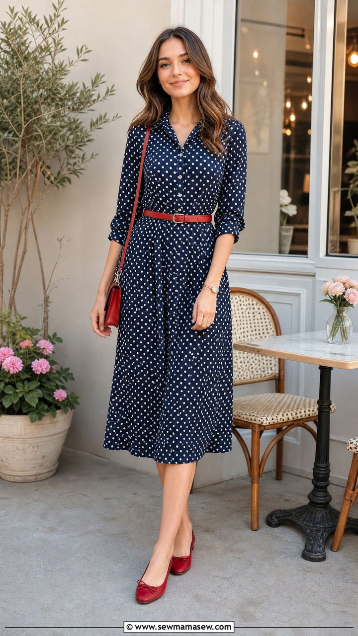 Printed shirt dress with skinny belt and ballet flats - 25 Shirt dress outfit ideas with a belt